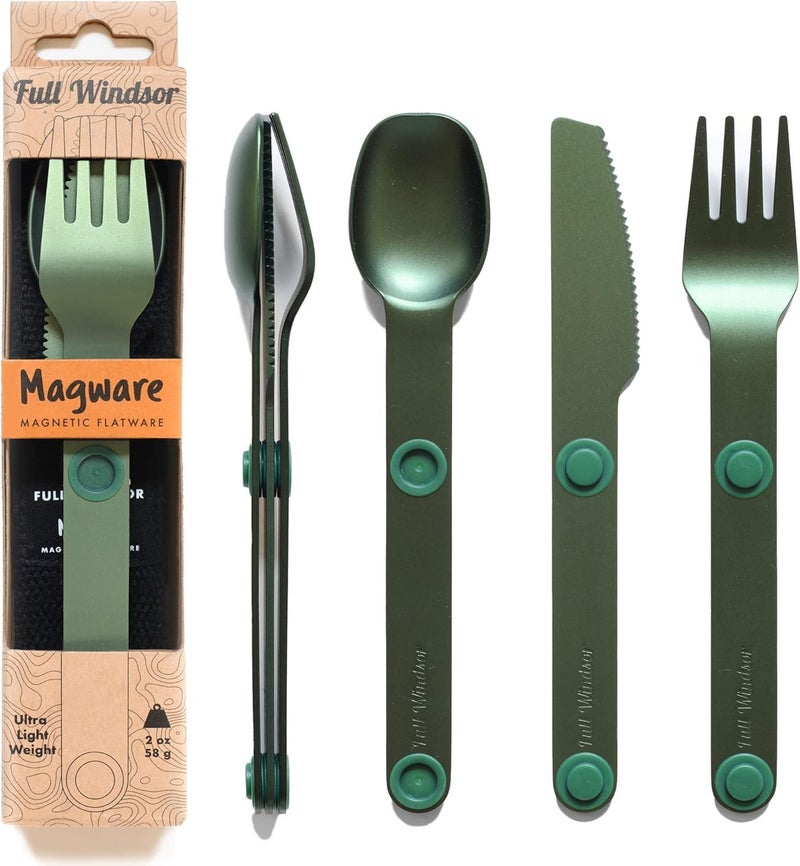Full Windsor - MAGWARE Magnetic Camping Cutlery Set - Travel Utensils for Camping, Cooking, and Outdoor Dining - Knife, Fork & Spoon - Portable Silverware with Pouch - Green (3 PCS) - Image 1
